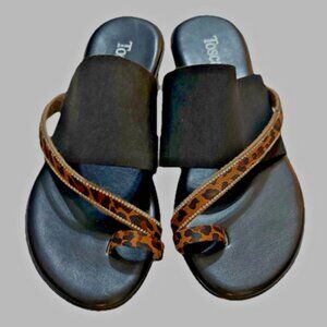 Toscanella Italy Women’s Sandals Size 6 Black Leopard Strap Slip-On Flats